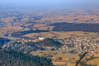 View of the town from the southwest with Lichtenberg Castle in the district Niedernhausen in Fischbachtal in the state Hesse, Germany