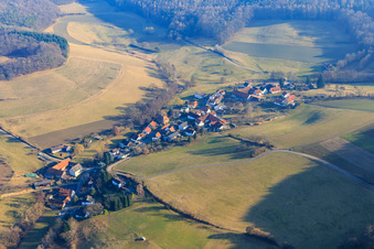 Village view in the Meßbachtal of the Odenwald from the northwest in the district Meßbach in Fischbachtal in the state Hesse, Germany