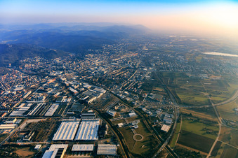 View of the town on the edge of the Odenwald between the A5, railway line and B3 from the north in Weinheim in the state Baden-Wuerttemberg, Germany