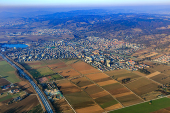 Aerial view of View of the town on the edge of the Odenwald between the A5, railway line and B3 from the southwest in Hemsbach in the state Baden-Wuerttemberg, Germany