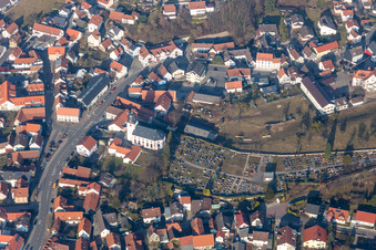 Aerial view of Church tower and tower roof at the church building of Evangelic Church of Reichenbach in Lautertal (Odenwald) in the state Hesse, Germany