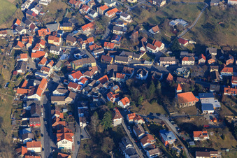 Nibelungenstraße in the village center with Protestant Church in the district Gadernheim in Lautertal in the state Hesse, Germany