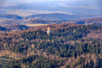 Aerial view of Neunkircher Höhe radar tower in the district Neunkirchen in Modautal in the state Hesse, Germany