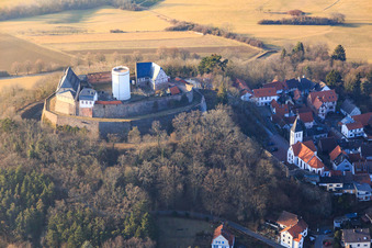 Aerial view of Veste Otzberg in winter in the district Hering in Otzberg in the state Hesse, Germany