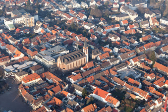 Aerial photograpy of Church in Old Town- center of downtown in Dieburg in the state Hesse