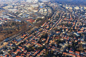 Aerial view of Train station and Minnefeld in Dieburg in the state Hesse, Germany