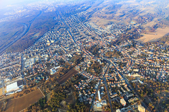 Overview of the town with the Evangelical Trinity Church Darmstadt-Eberstadt and the Free Waldorf School Darmstadt in the district Eberstadt in Darmstadt in the state Hesse, Germany