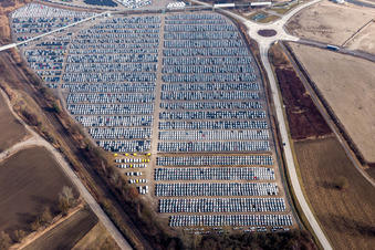 Aerial view of Warehouses and forwarding building and Custom storage of imported cars of Walon France in Lauterbourg in Grand Est, France
