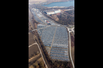 Aerial photograpy of Warehouses and forwarding building and Custom storage of imported cars of Walon France in Lauterbourg in Grand Est, France