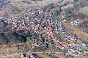 Aerial view of Village - view on the edge of agricultural fields and farmland in Voelkersweiler in the state Rhineland-Palatinate, Germany