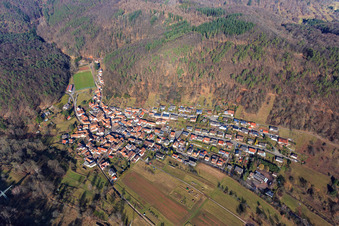 View of the Palatinate Forest from the south in the district Gräfenhausen in Annweiler am Trifels in the state Rhineland-Palatinate, Germany