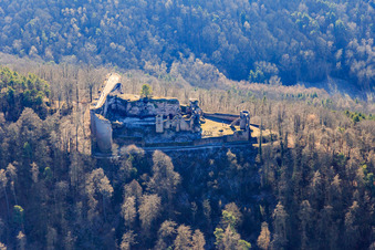 Aerial view of Neuscharfeneck Castle Ruins in Flemlingen in the state Rhineland-Palatinate, Germany