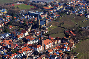 Town Hall Edenkoben, Protestant Church Edenkoben and Catholic Church of St. Ludwig in Edenkoben in the state Rhineland-Palatinate, Germany