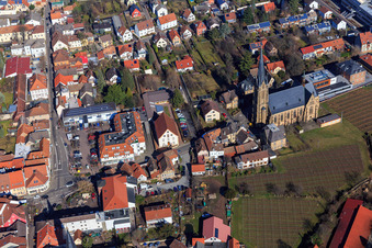 Aerial photograpy of Catholic Church of St. Ludwig at the inner-city vineyards in Edenkoben in the state Rhineland-Palatinate, Germany