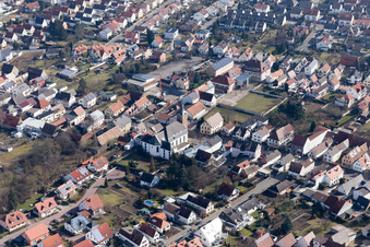 Aerial view of Catholic Church of St. Sigismund in the district Heiligenstein in Römerberg in the state Rhineland-Palatinate, Germany