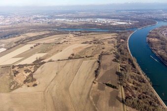 Aerial view of Flotzgrün Island with BASF landfill in the district Mechtersheim in Römerberg in the state Rhineland-Palatinate, Germany