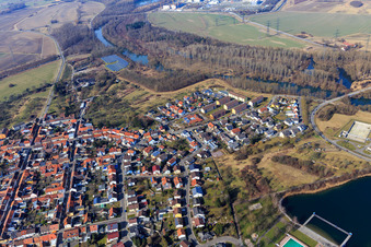 Phillipsburger Altrhein from the east and Freyersee in winter without snow in Philippsburg in the state Baden-Wuerttemberg, Germany