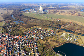 Nuclear power plant EnBW Kernkraft GmbH (EnKK), Philippsburg behind the Phillipsburger Altrhein from the east and Freyersee in winter without snow in Philippsburg in the state Baden-Wuerttemberg, Germany