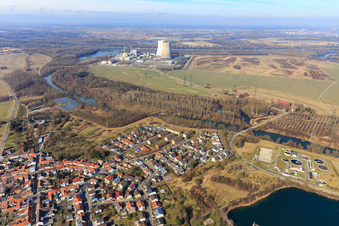 Aerial view of Nuclear power plant EnBW Kernkraft GmbH (EnKK), Philippsburg behind the Phillipsburger Altrhein from the east and Freyersee in winter without snow in Philippsburg in the state Baden-Wuerttemberg, Germany
