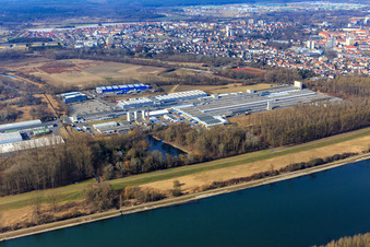 Konrad-Nolte-Straße industrial estate across the Rhine with Knaus carpentry - Johann Knaus & Viktor Knaus GbR and Tobias Wünschel GmbH in Germersheim in the state Rhineland-Palatinate, Germany
