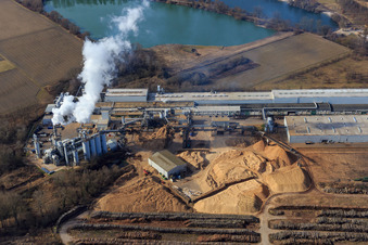 Aerial photograpy of Konrad-Nolte-Straße industrial area across the Rhine with Rheinspan GmbH & Co. KG in Germersheim in the state Rhineland-Palatinate, Germany