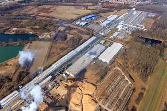 Konrad-Nolte-Straße industrial area across the Rhine with Rheinspan GmbH & Co. KG in Germersheim in the state Rhineland-Palatinate, Germany out of the air
