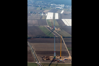 Construction site for wind turbine installation in Hatzenbuehl in the state Rhineland-Palatinate, Germany out of the air