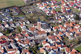 Aerial view of Church building in the village of in the district Schaidt in Woerth am Rhein in the state Rhineland-Palatinate, Germany