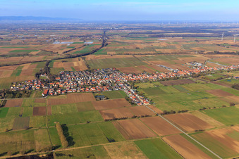 Village view beyond the Otterbach from the south in Freckenfeld in the state Rhineland-Palatinate, Germany