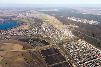 Aerial photograpy of District Leopoldshafen in Eggenstein-Leopoldshafen in the state Baden-Wuerttemberg, Germany