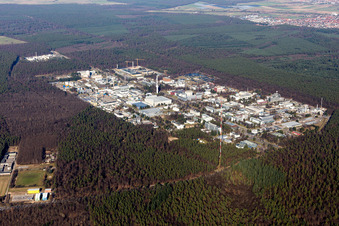 Bird's eye view of KIT Campus North in the district Leopoldshafen in Eggenstein-Leopoldshafen in the state Baden-Wuerttemberg, Germany