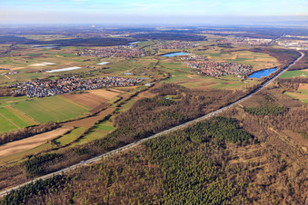 Village view from the southeast beyond the A5 in the district Staffort in Stutensee in the state Baden-Wuerttemberg, Germany