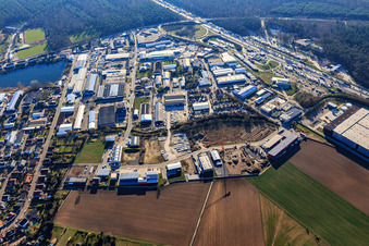 Industrial area at the A5 motorway service station Bruchsal Ost from the north in Forst in the state Baden-Wuerttemberg, Germany