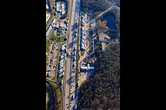 Oblique view of Motorway service stations: Tank & Rast service station Bruchsal West and Serways service station Bruchsal East on the A5 from the north in Forst in the state Baden-Wuerttemberg, Germany