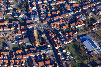 Aerial view of Main Street, St. Remigius and Lußhardthalle from the west in Hambrücken in the state Baden-Wuerttemberg, Germany