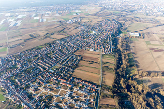 Oblique view of District Berghausen in Römerberg in the state Rhineland-Palatinate, Germany