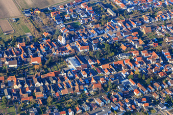 Aerial view of Village center with Catholic Church of St. Martin in Hanhofen in the state Rhineland-Palatinate, Germany