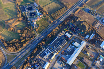 Dreiso GmbH Dreißigacker & Sohn and Edenkoben sewage treatment plant beyond the A65 in Venningen in the state Rhineland-Palatinate, Germany