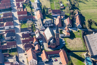Aerial view of Church building in the village of in Betschdorf in Grand Est, France