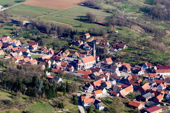 Aerial view of Church building in the village of in Ettendorf in Grand Est, France