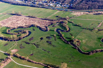 Meandering, serpentine curve of a river Zorn in Hochfelden in Grand Est, France