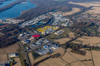 Oblique view of Building and production halls on the premises of Xella Deutschland GmbH in the district Freistett in Rheinau in the state Baden-Wurttemberg, Germany