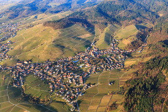 Aerial view of View of the town between Baden vineyards from the south in the district Neuweier in Baden-Baden in the state Baden-Wuerttemberg, Germany