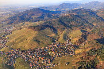 Aerial photograpy of View of the town between Baden vineyards from the south in the district Neuweier in Baden-Baden in the state Baden-Wuerttemberg, Germany