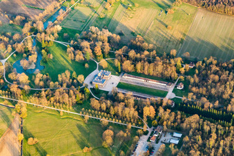 Aerial view of Building complex in the park of the castle Favorite in Rastatt in the state Baden-Wurttemberg, Germany