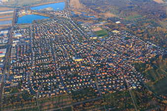 City overview from the southwest in front of Kaltenbachsee in Muggensturm in the state Baden-Wuerttemberg, Germany