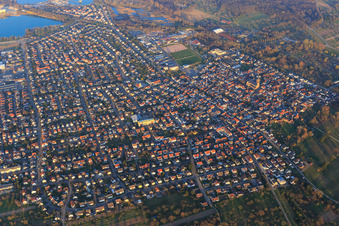 Aerial view of City overview from the southwest in front of Kaltenbachsee in Muggensturm in the state Baden-Wuerttemberg, Germany