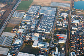 Aerial view of Industrial and commercial area on A5 with IHLE tires GmbH in Muggensturm in the state Baden-Wurttemberg, Germany