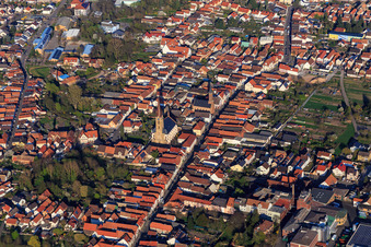 Aerial view of Overview of the town with main street from the southwest in Bellheim in the state Rhineland-Palatinate, Germany