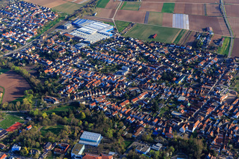 Aerial photograpy of City view from the northwest with Kardex Remstar in Bellheim in the state Rhineland-Palatinate, Germany